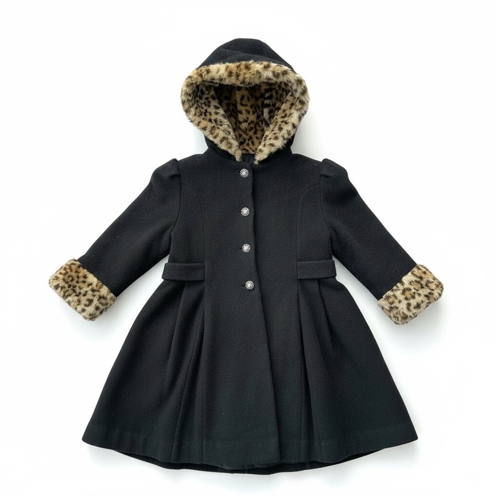 Vintage Rothschild Girls Black Wool Coat Leopard Trim Hooded Size 4T